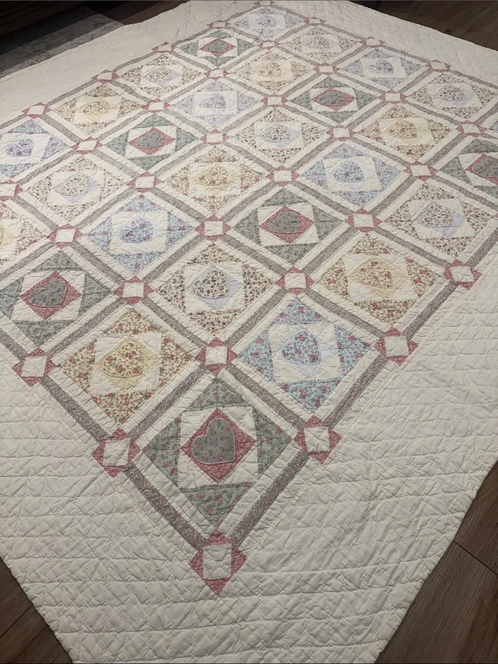 Handmade Patchwork Quilt -Cream Base with Pastel Heart Floral Blocks Cottagecore